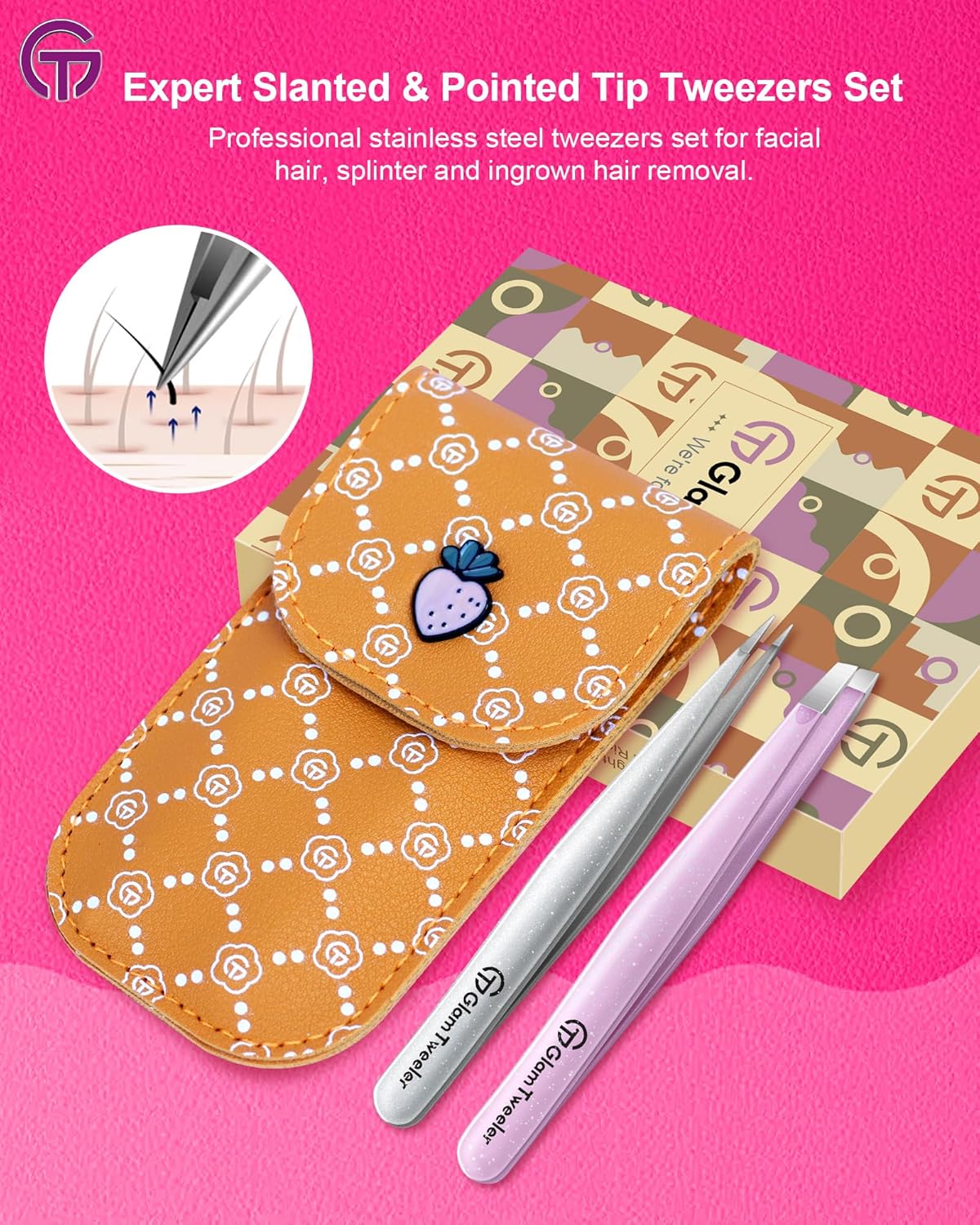 Expert Slant and Point Tip Tweezer Set with Exclusive Storage & Carrying Case, GlamTweeler Sharp &