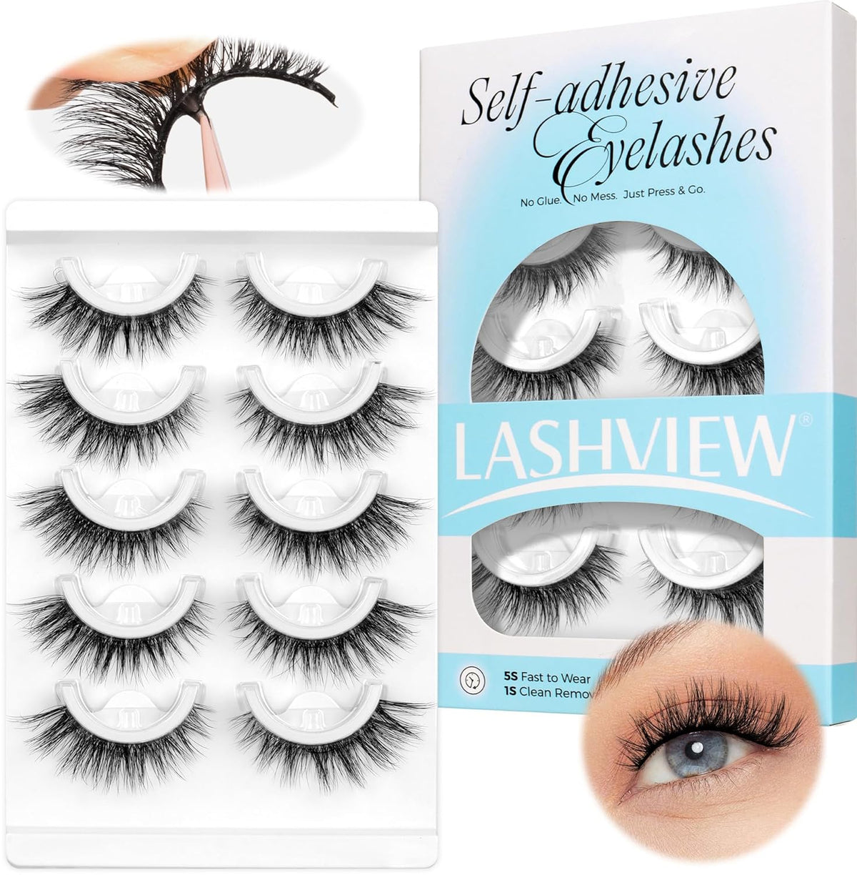 LASHVIEW Self Adhesive Eyelashes 5 Pairs Cat Eye Wispy Self-adhesive False Lashes Reusable Natural