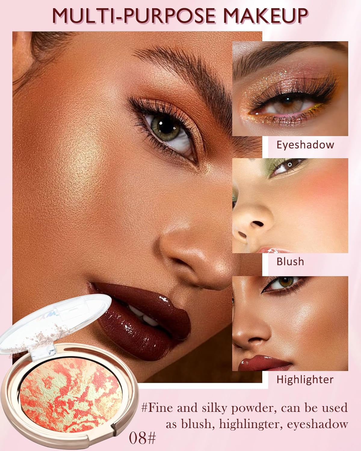 Baked Blush,Glow Marbleized Blusher Powder Palette,Lightweight Shimmery Blusher for