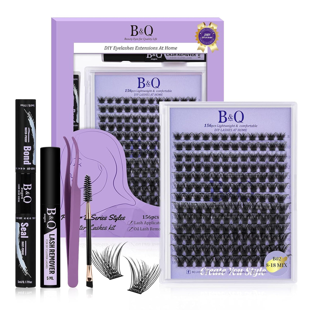 Lash Extension Kit B02 Eyelash Extension Kit B&Qaugen DIY Lash Extension Kit 156 PCS Lash Clusters