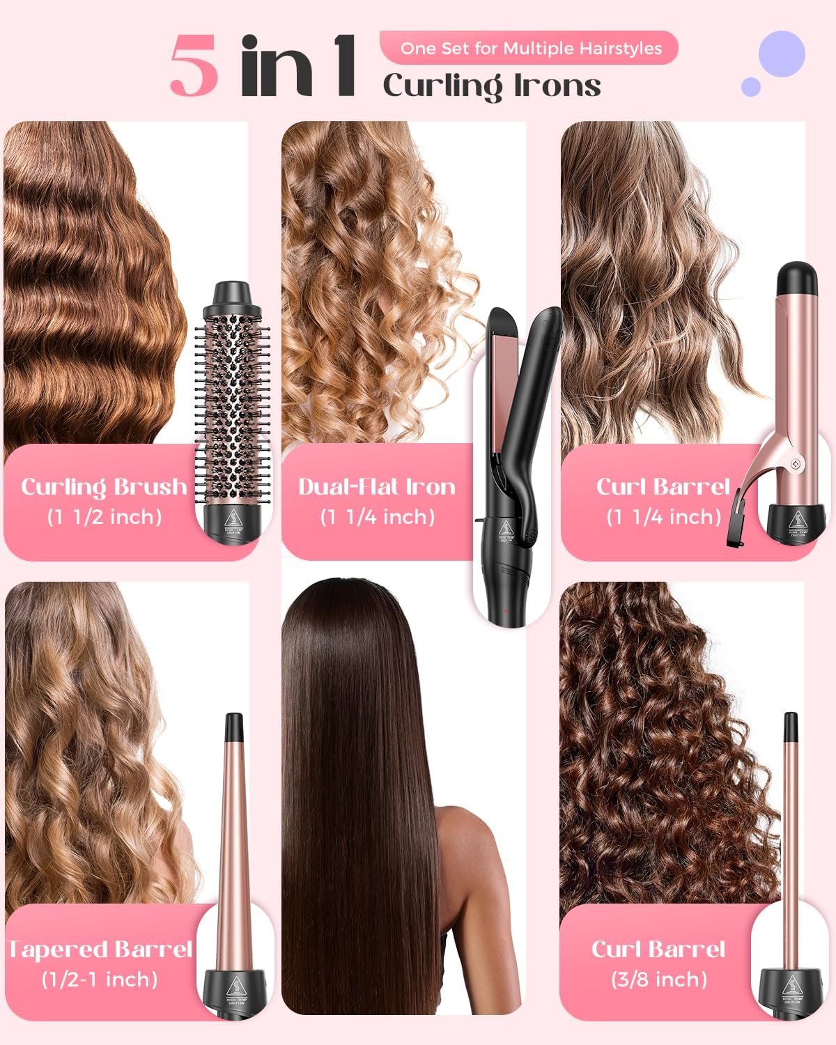 5 in 1 Curling Iron with Thermal Brush and 4 Interchangeable Ceramic Barrels(1/2 to 1 1/2 inch)
