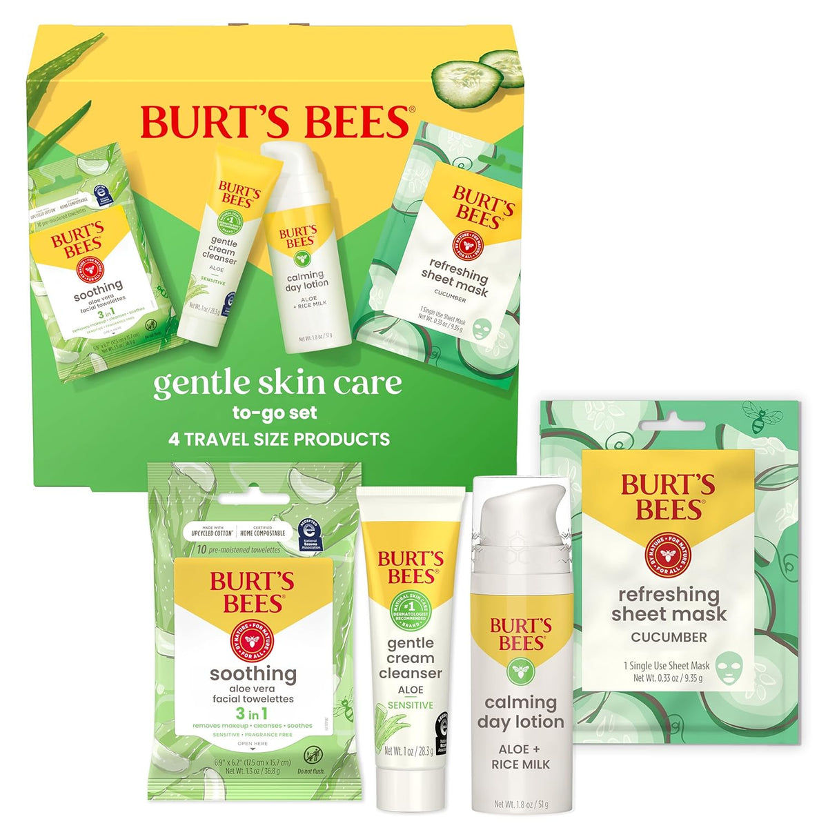 Burt's Bees Gentle Skin Care To-Go Set, Includes Cleanser, Towelettes, Lotion and Sheet Mask