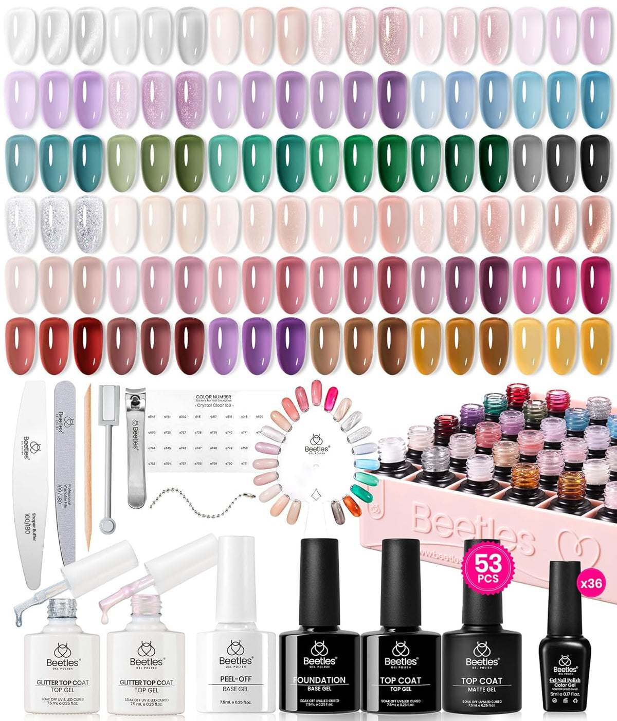 Beetles Jelly Gel Nail Polish Set, 53PCS 36 Colors Jelly Pink Milky White Red Black Blue Green