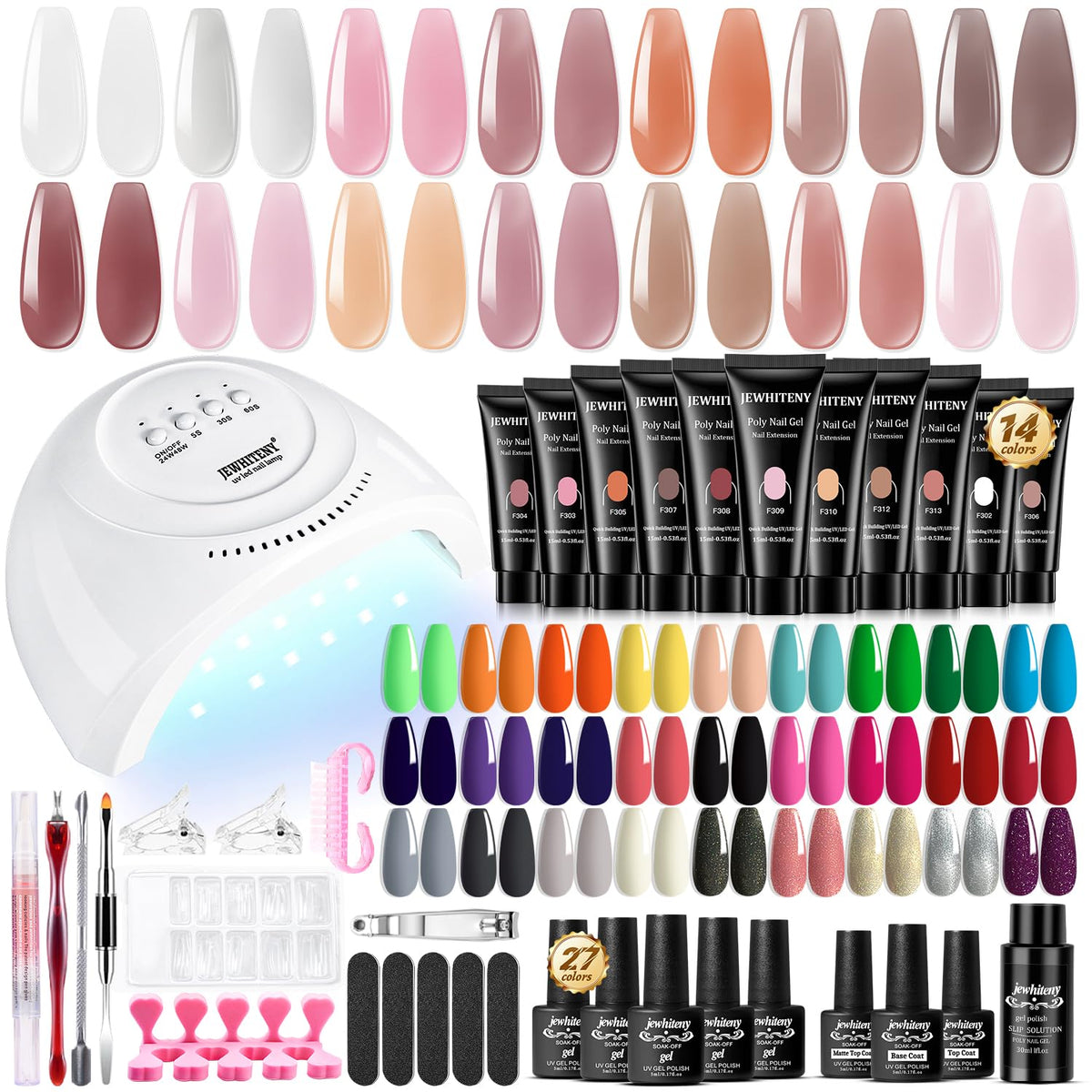 JEWHITENY 14 Colors Poly Gel Nail Kit 27 Colors Gel Nail Polish Kit With U V Light All In One Nail
