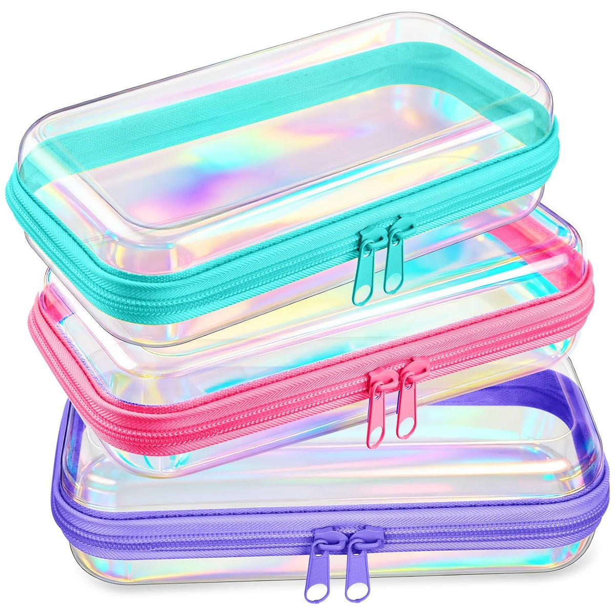 Hoolerry 3 Pcs Clear Hard Zipper Case Plastic Pouch Transparent Hard Case Clear Makeup Bag Portable