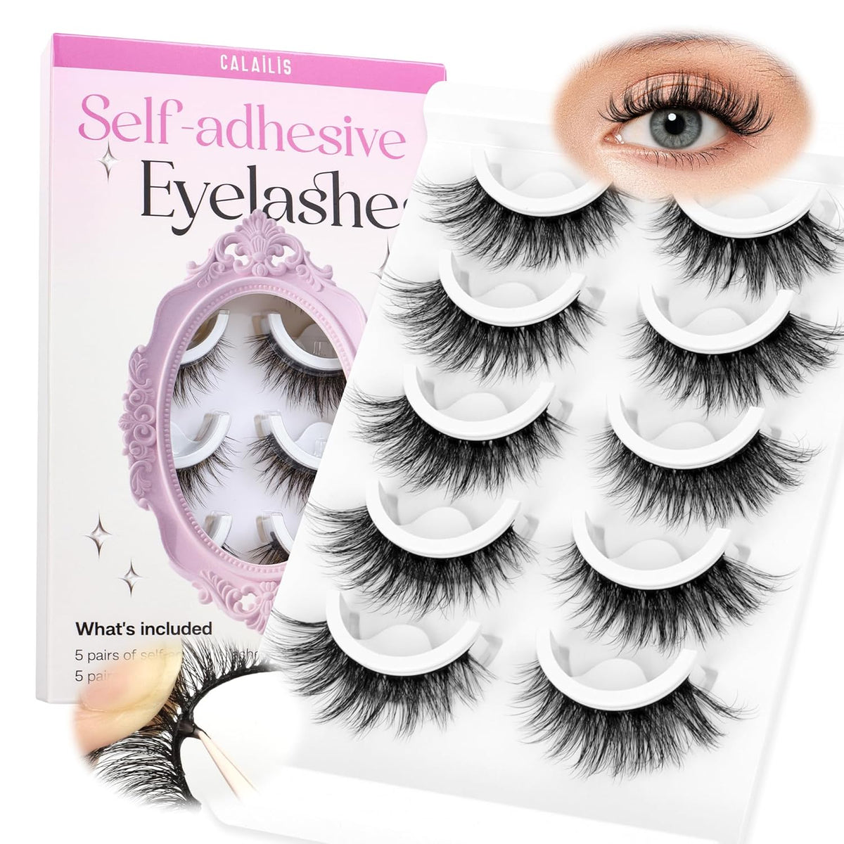CALAILIS Self Adhesive Eyelashes 5 Pairs Natural Look Press On Lashes No Glue Need Eyelashes
