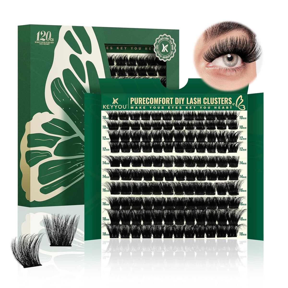 KEYYOU Lash Clusters 120pcs Eyelash Clusters 10-18mix D Curl Cluster Lashes Thick Super Soft Wispy