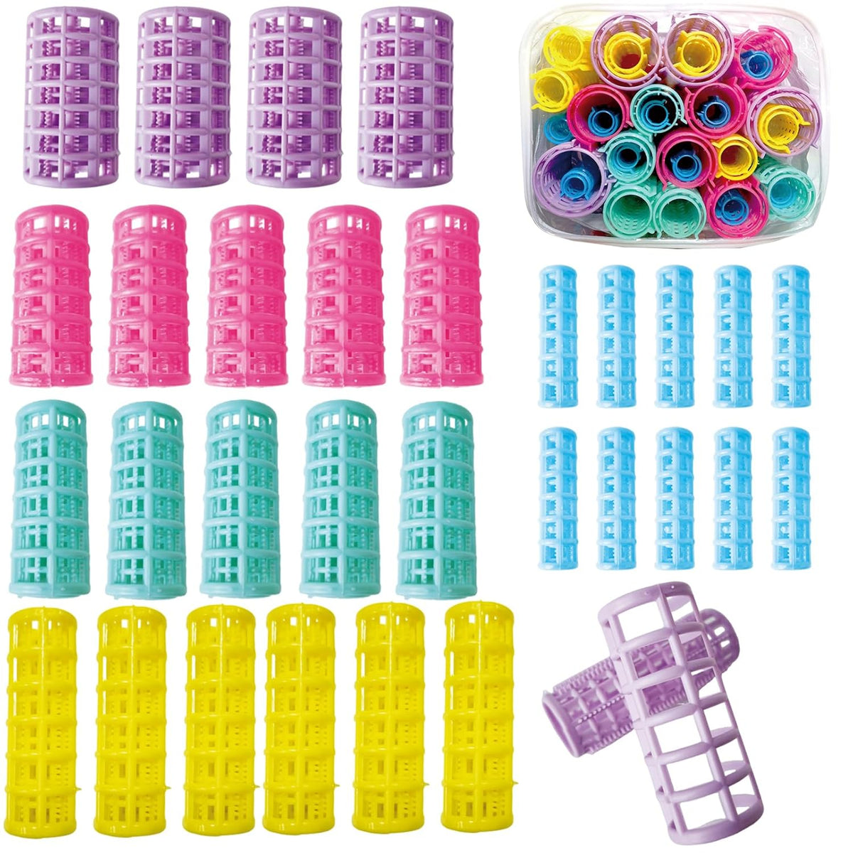 30Pcs Plastic Hair Curlers Snap on Rollers, Self Grip No Heat Curlers Set - Plastic Rollers for