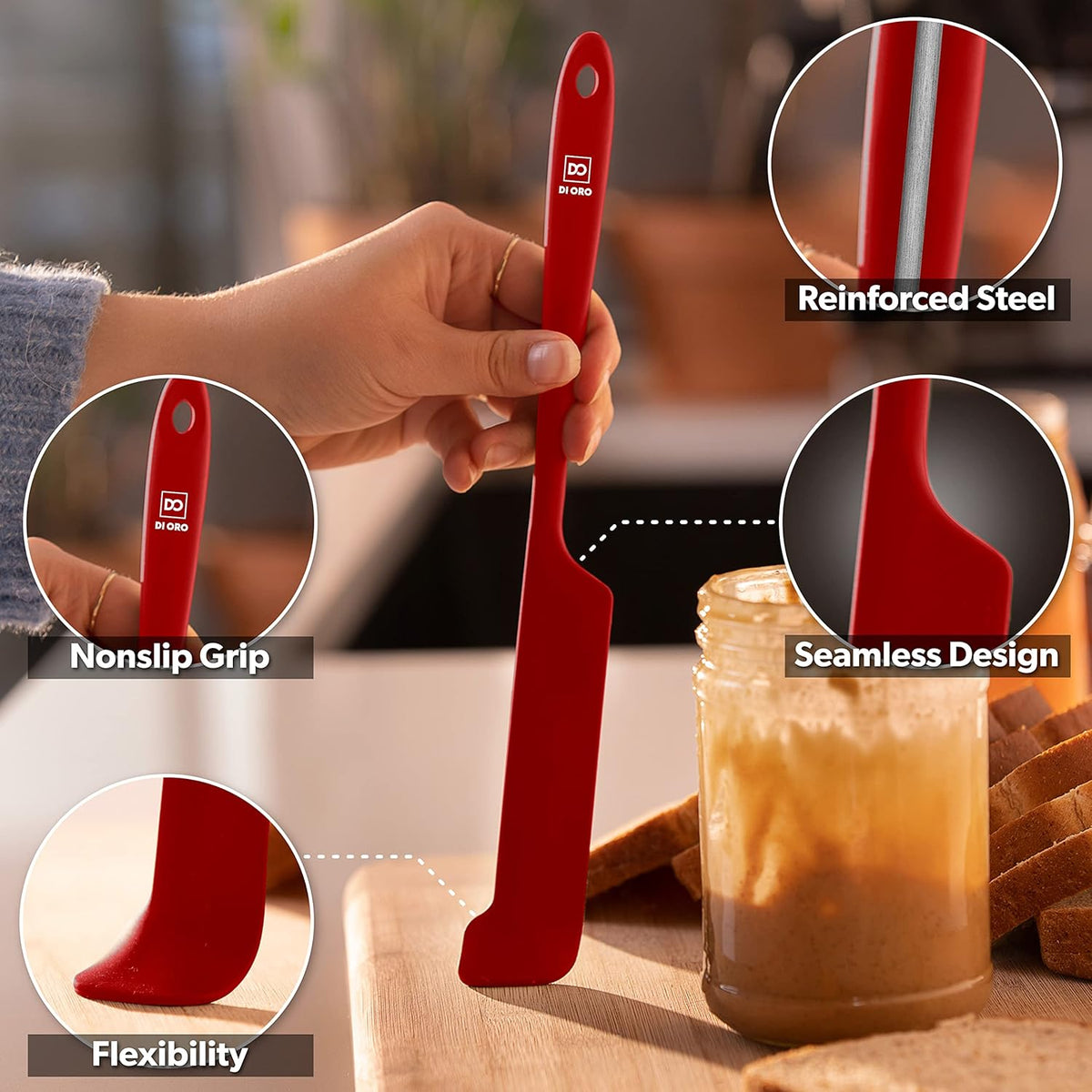 DI ORO Silicone Jar Spatulas for Scraping - Rubber Spatulas Silicone Heat Resistant - Kitchen