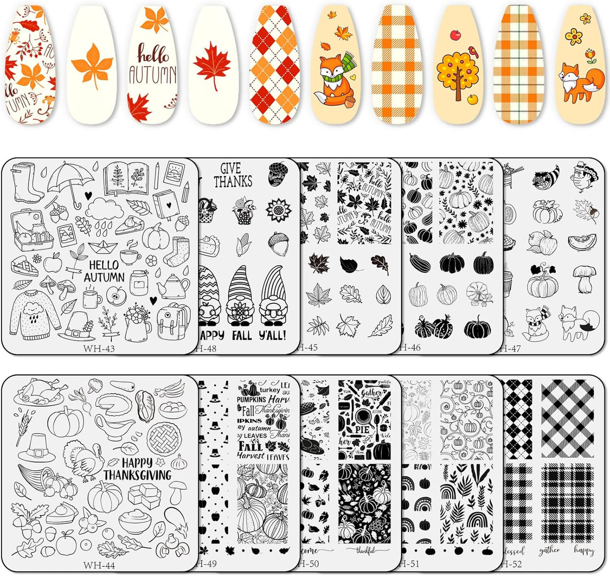 Whaline 10 Sheet Fall Nail Art Stamping Plates Kit Happy Thanksgiving Pumpkins Maple Leaf Gnome