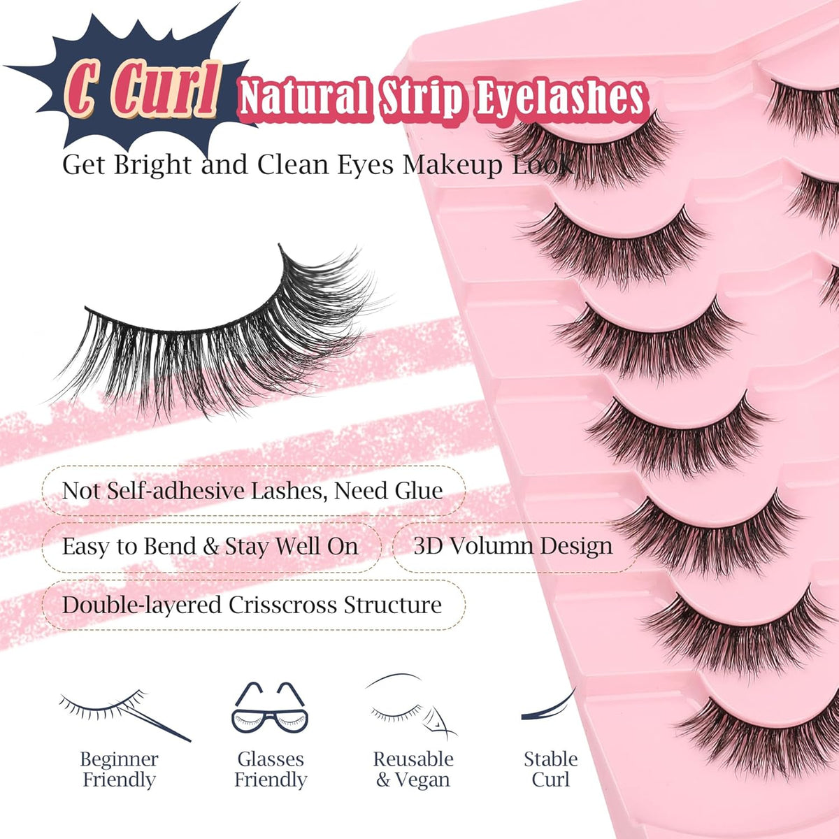 Lashes False Eyelashes 13MM Wispy Lashes Pack Fluffy Lash Strip EyeLashes with Thin Band C Curl