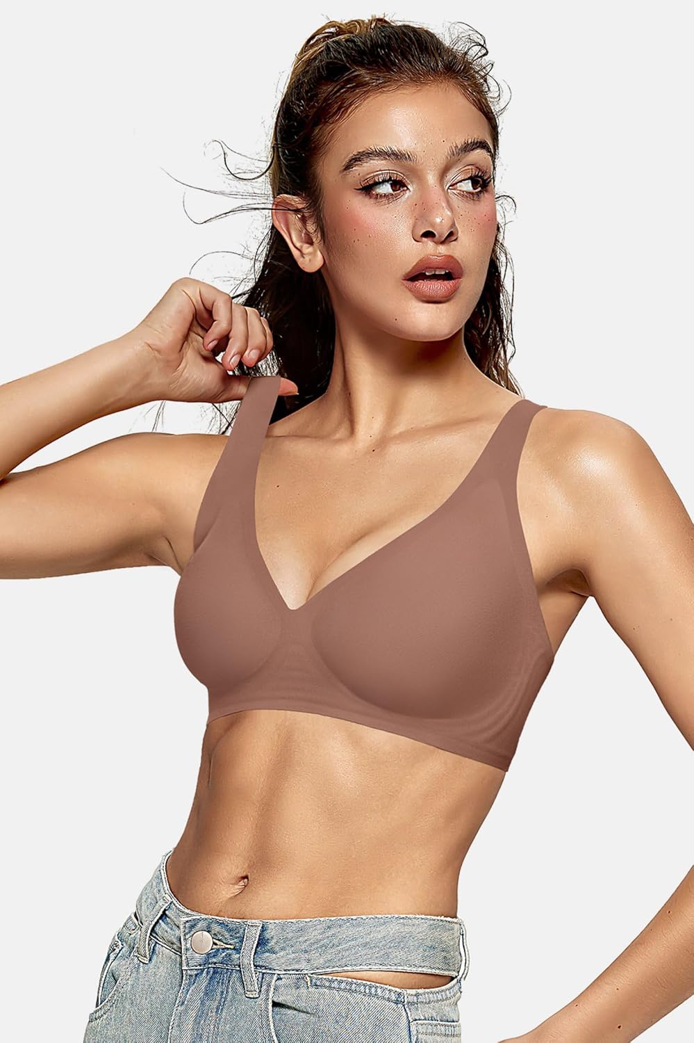 OEAK Womens Deep V Bras Wireless Comfortable Bra Supportive No Underwire Bras Tshirt Push Up