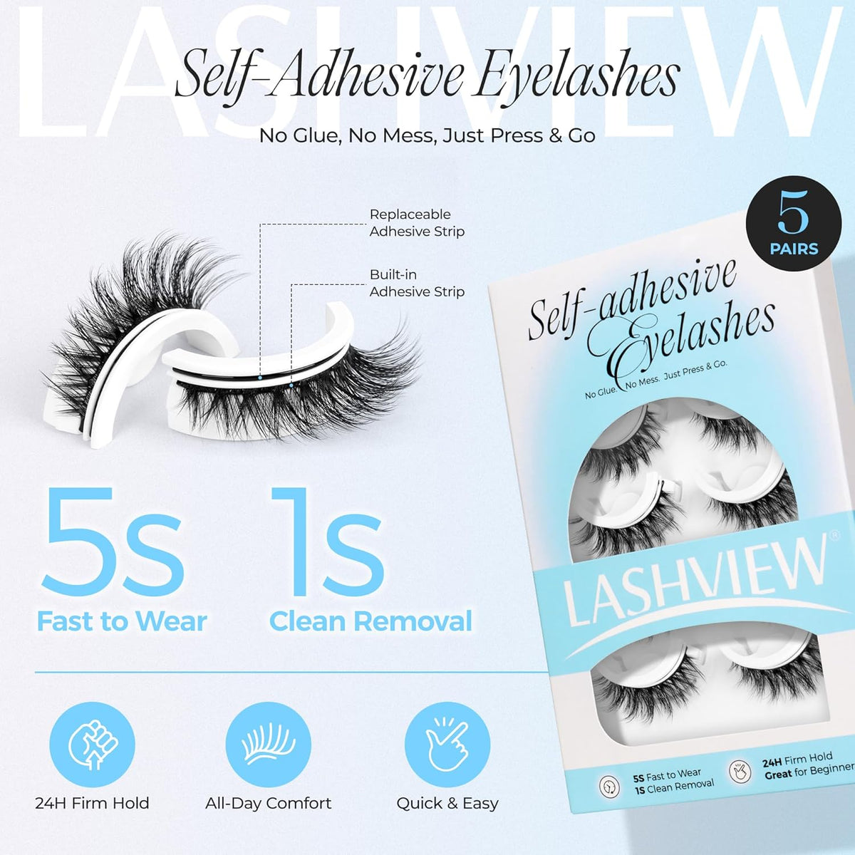 LASHVIEW Self Adhesive Eyelashes 5 Pairs Cat Eye Wispy Self-adhesive False Lashes Reusable Natural
