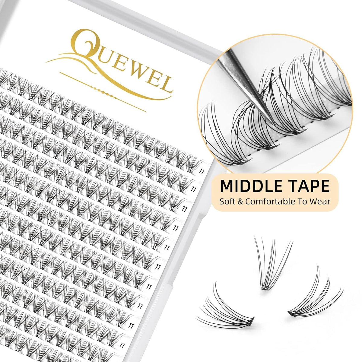 QUEWEL Cluster Lashes 240Pcs Individual Lashes 10D 0.10D Curl 11mm Knot-Free Lash Extensions