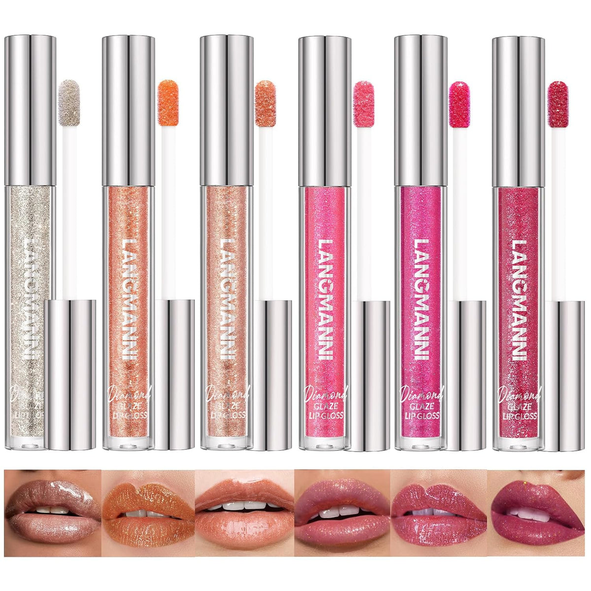 LANGMANNI 6 Colors Diamond Glitter Lip Gloss Set,Long Lasting High Shine Shimmer Liquid Lipstick