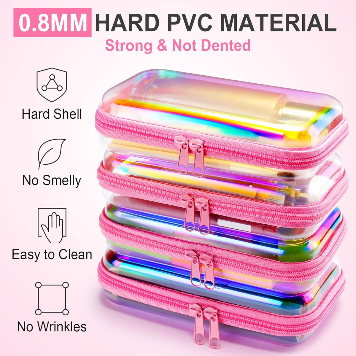 Hoolerry 4 Pcs Hard Clear Zipper Case Makeup Bags Plastic Pencil Pouch Transparent Storage Box