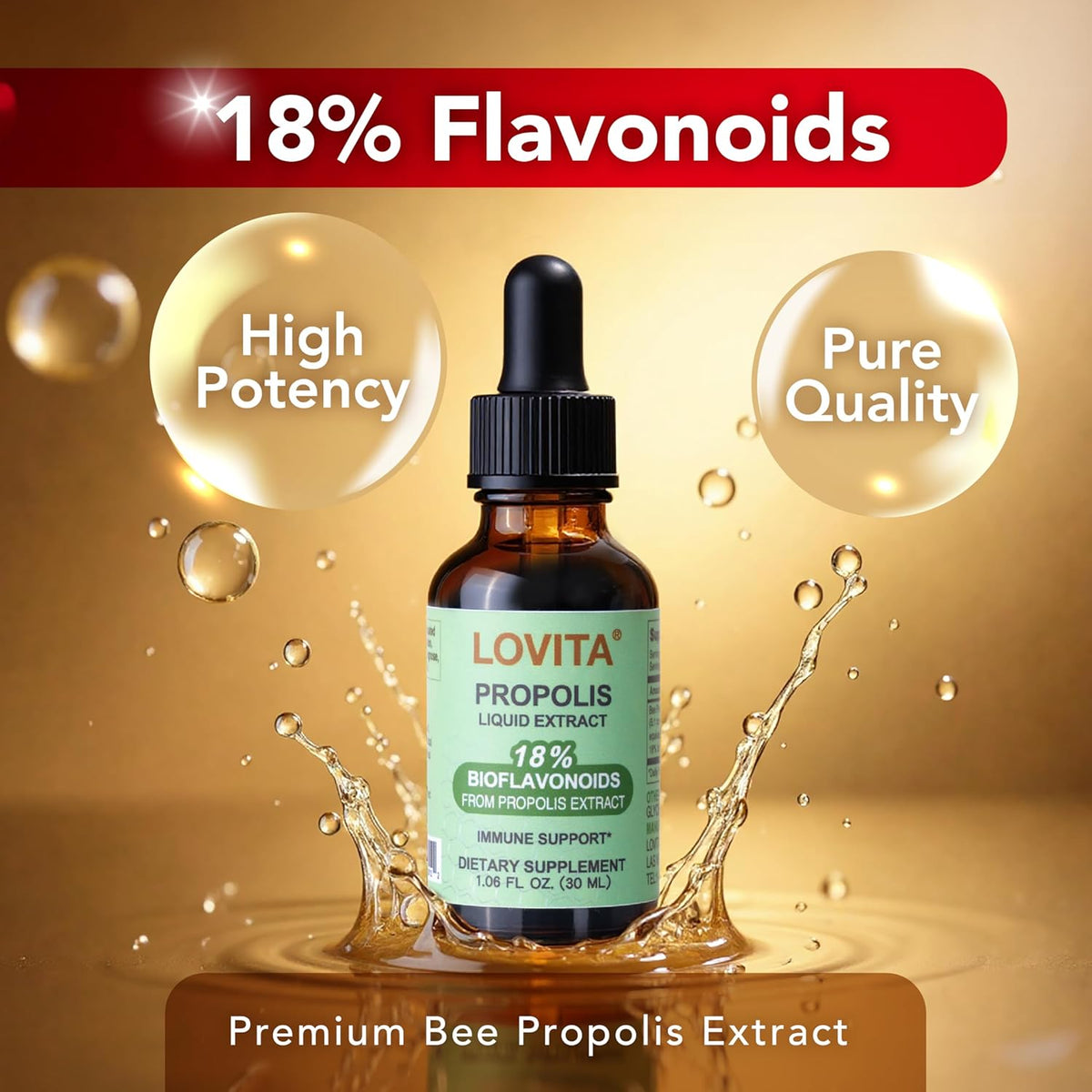 Lovita Bee Propolis Liquid Extract 500mg, 5:1 Resin Drops with 18% Bioflavonoids, Alcohol-Free