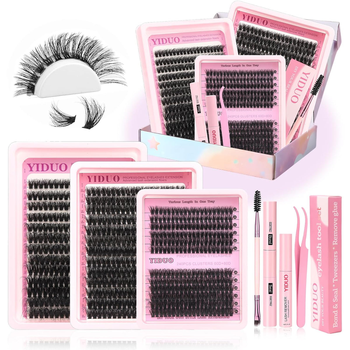 Lashes Clusters Kit Gift Packs 3 Styles 760Pcs with 2X Bond&Seal Volume Soft False Eyelash