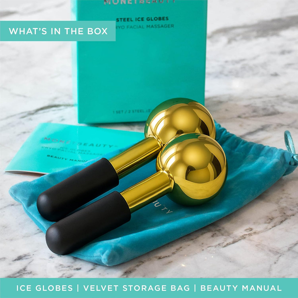 Stainless Steel Ice Globes for Facials (Gold Black Handle), Durable Cryo Globes Instantly Reduce