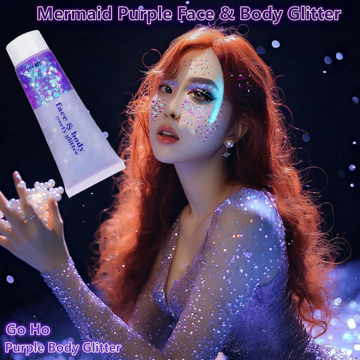 Go Ho Mermaid Purple Face Body Glitter Gel,Holographic Purple Hair Glitter,Mardi Gras Outfit for