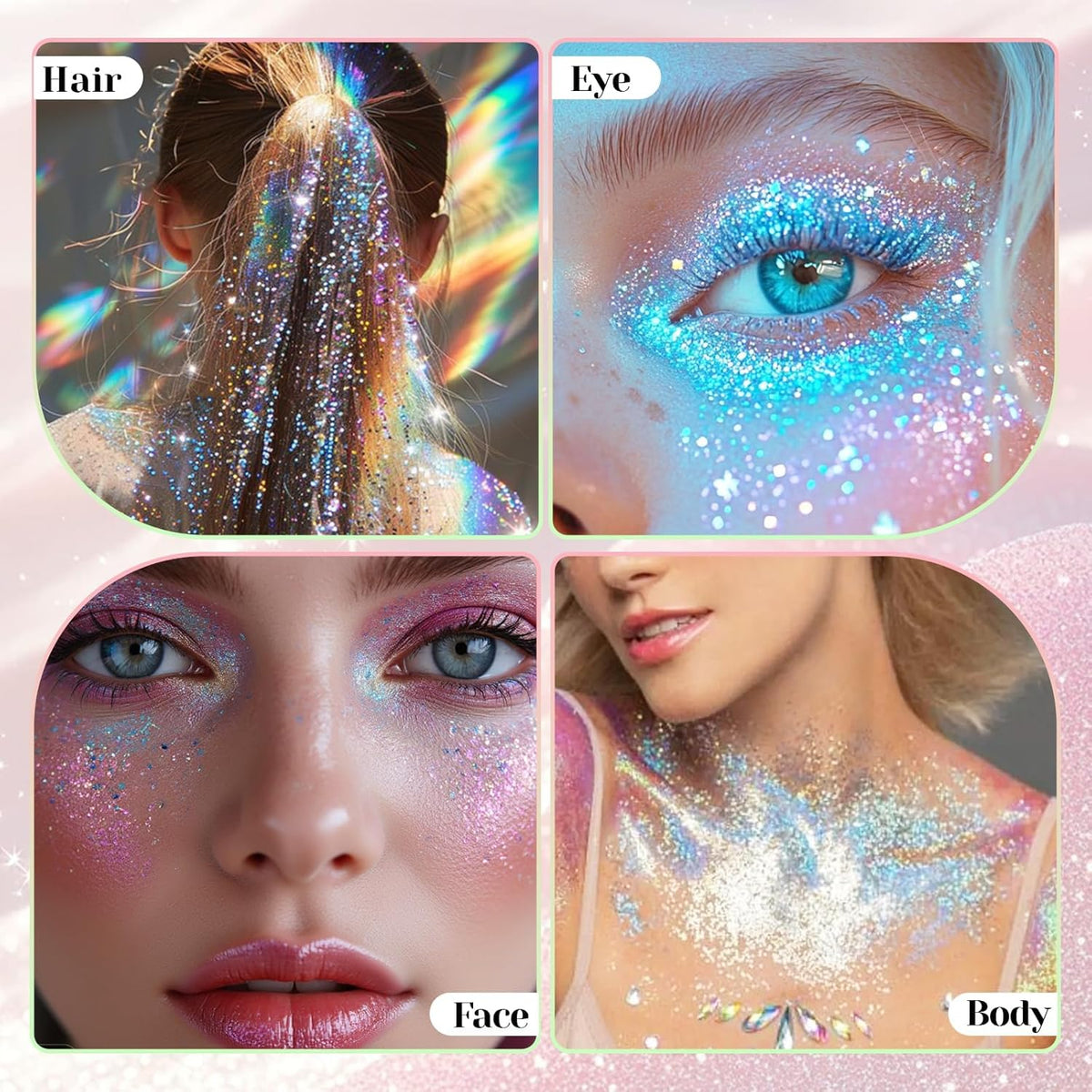 DAGEDA Roll-on Body Glitter,Holographic Eye Face Hair Glitter Gel for Festival Outfit Mermaid