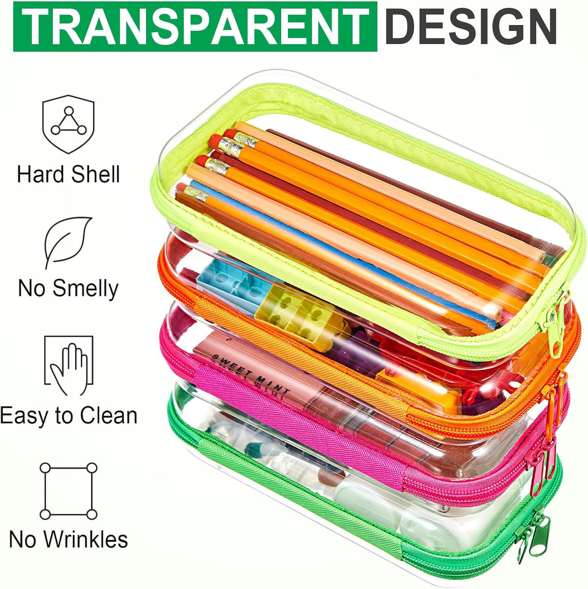 Hoolerry 4 Pcs Hard Clear Zipper Case Makeup Bags Plastic Pencil Pouch Transparent Storage Box