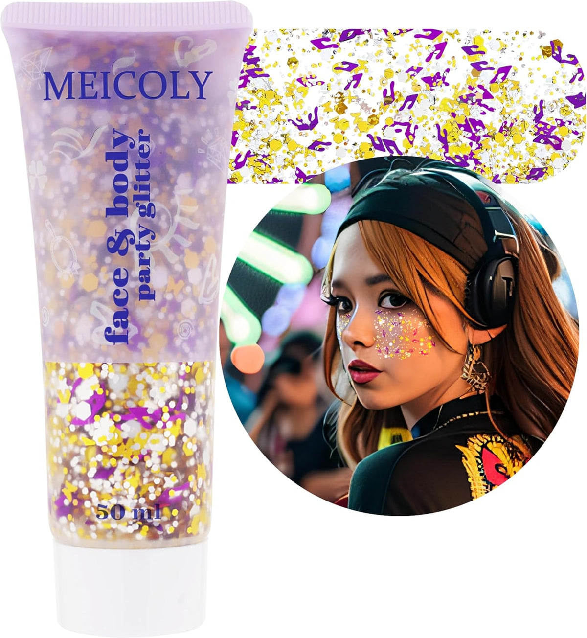MEICOLY Face Glitter Makeup for Music Festival,Country Concert Outfits for Women,Gold Silver Purple