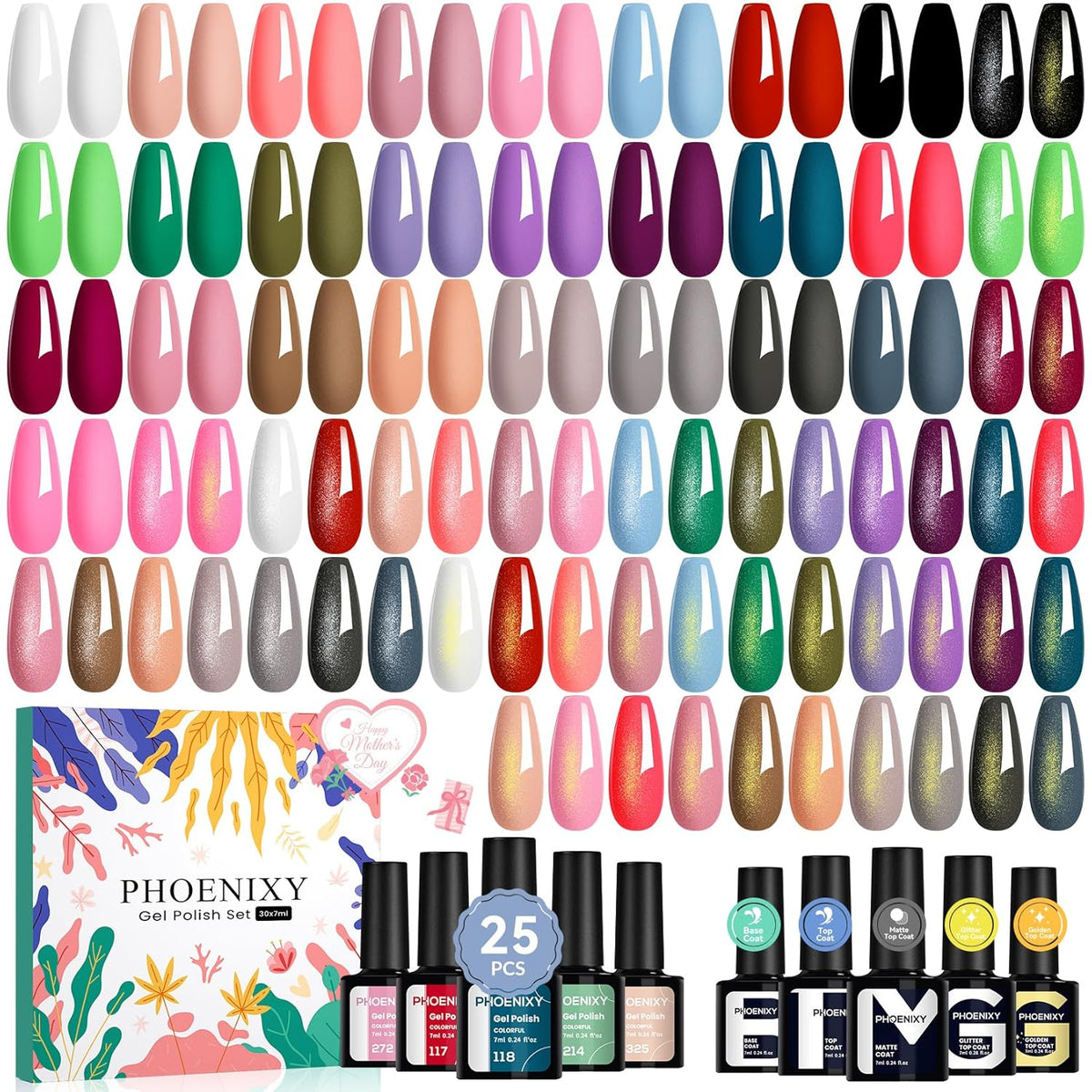 phoenixy Gel Nail Polish 25+5 PCS Gel Nail Polish Kit with Black White Pink Blue Purple Suitable