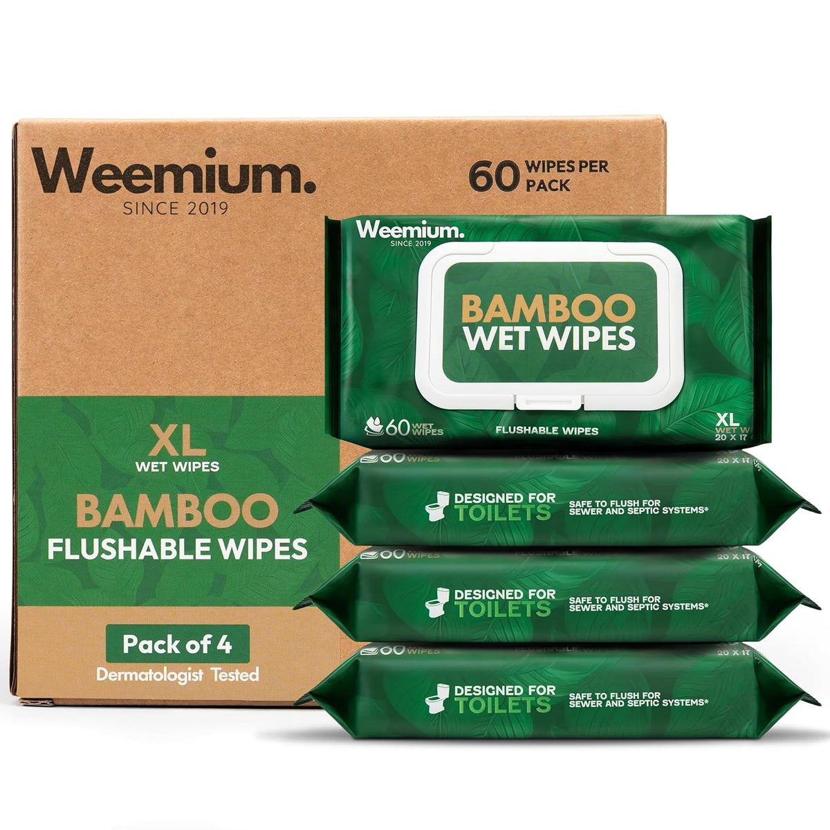 Bamboo Wipes – Pack of 4 (240 XL Flushable Wipes) – Organic, Tree-Free, FSC Certified & Septic Safe