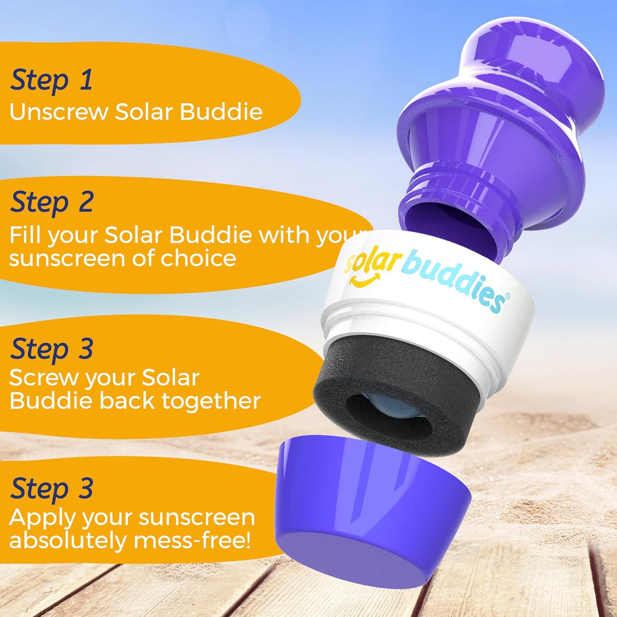 Solar Buddies Bag Bundle & Carabina Clip - Full Purple - Refillable Roll on Sponge Sunscreen