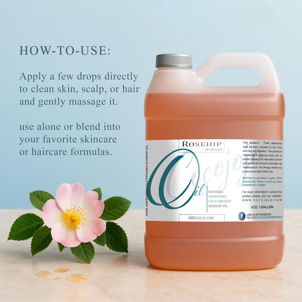 Dr Joe Lab Rosehip Oil - Bulk 128 oz 1 Gallon - Pure Unrefined Cold Pressed Natural Vegan Non GMO