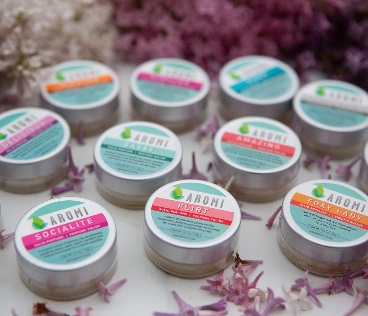 Aromi Flirt Solid Perfume | Floral, Woodsy Fragrance, Vegan, Cruelty-free, Almond, Peony, Vanilla