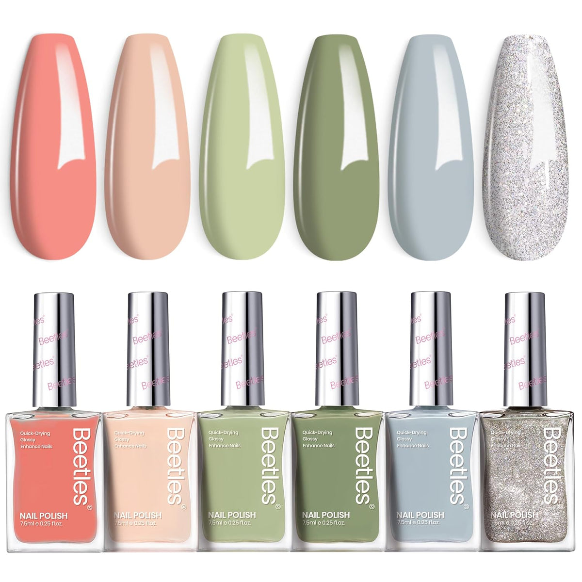 Beetles Nail Polish Set P176, 6 Colors Glitter Green Nude Natrual Pink Nail Lacquer Fast Drying &