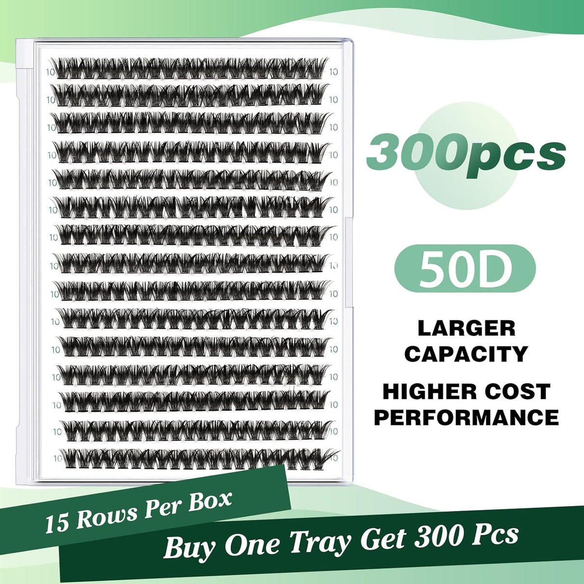 Lash Clusters 300pcs Eyelash Clusters 50D 0.07D Curl 10mm DIY Eyelash Extension KEYYOU Large Tray