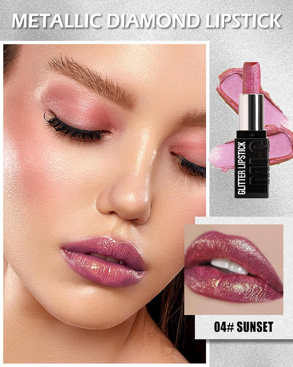 Diamond Glitter Matte Lipstick, Long Lasting Waterproof Ruby Red Metallic Sparkling High Pigment