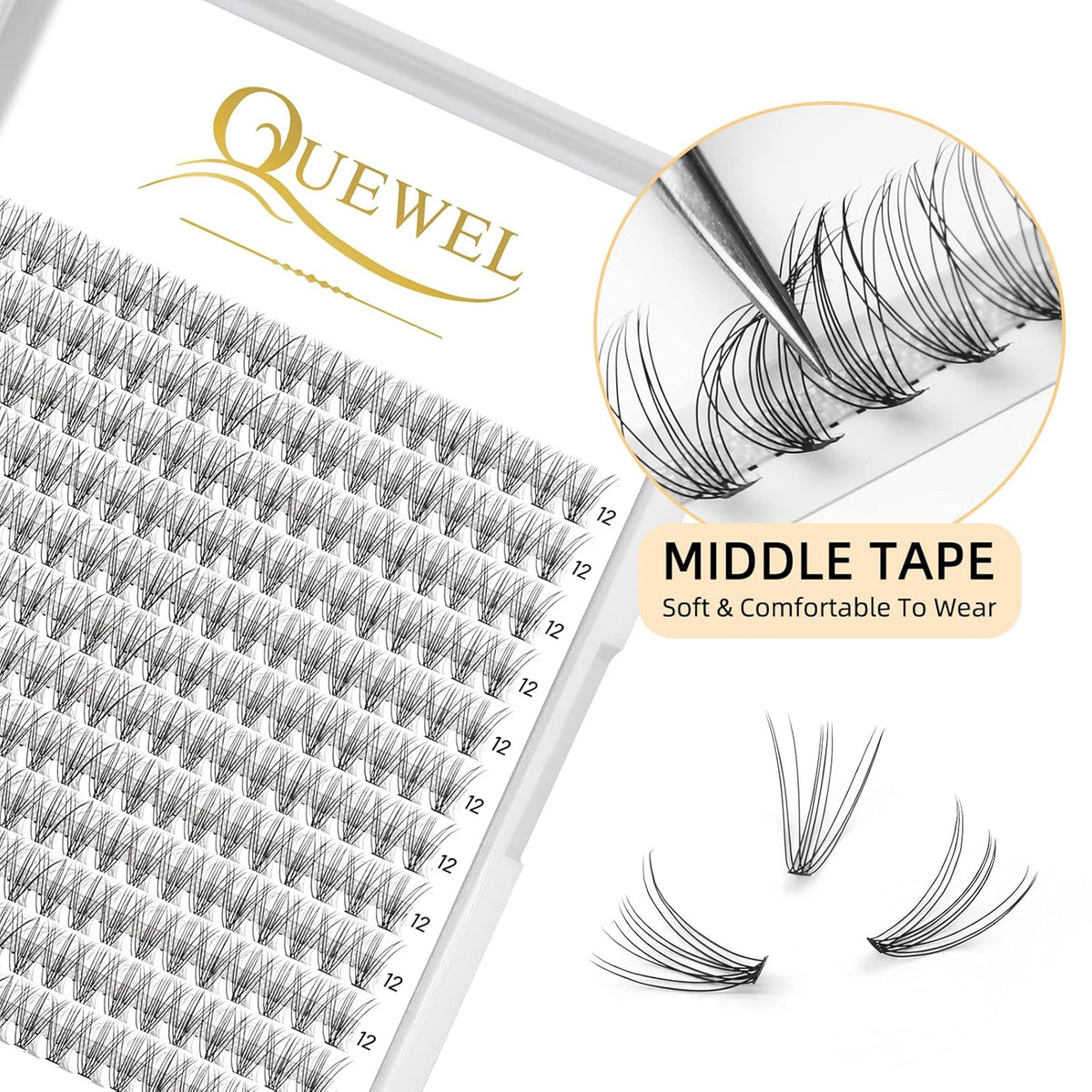 QUEWEL Cluster Lashes 240Pcs Individual Lashes 10D 0.10D Curl 12mm Knot-Free Lash Extensions