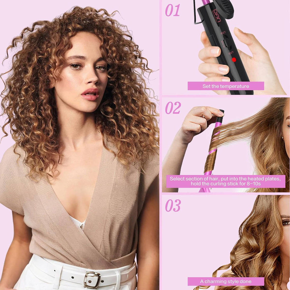 DAN Technology 1/2 Inch Curling Iron 13mm Small Ceramic Curling Wand with Adjustable Temperature