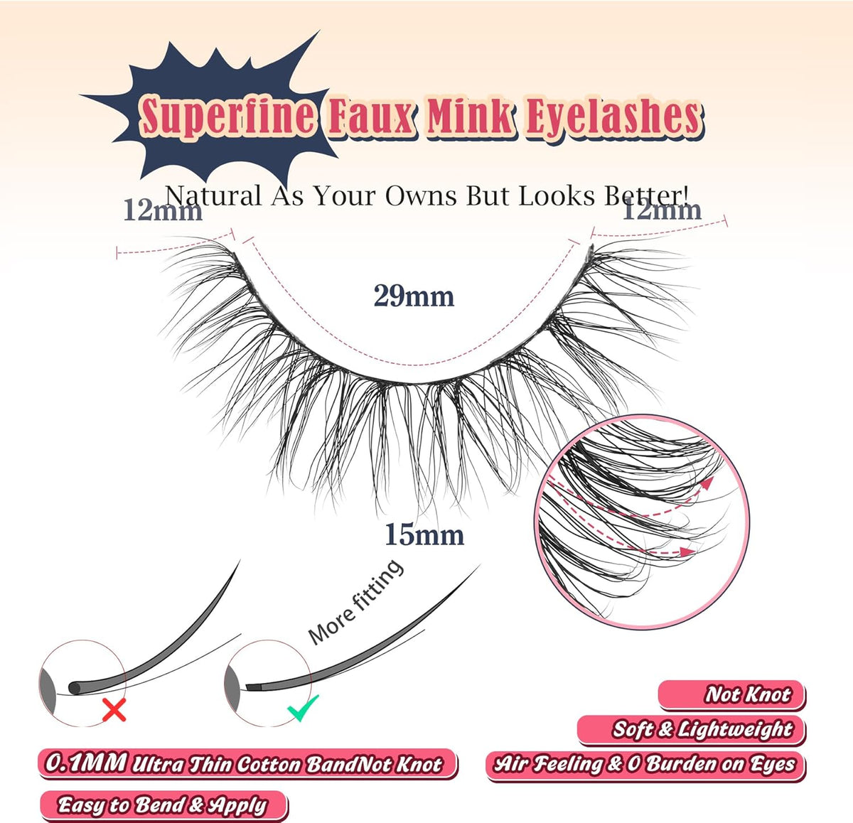 Lashes Natural Wispy Eyelashes 15mm Strip Lashes Pack False Eyelashes 0.1MM Thin Band C Curl Eye