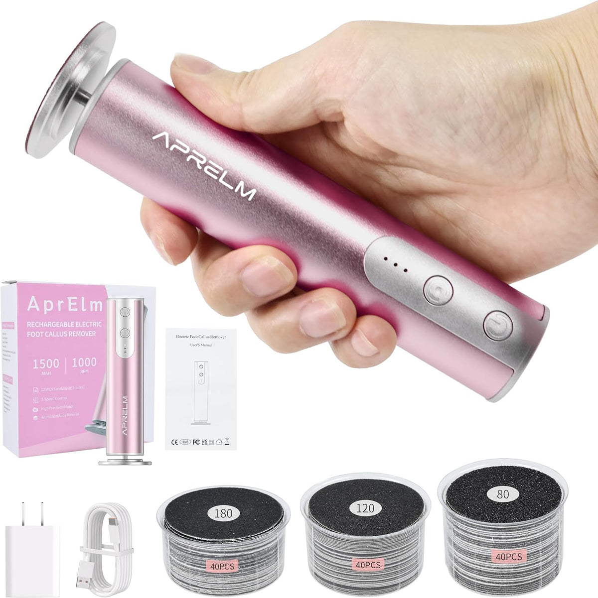Rechargeable Electric Foot Callus Remover with 3-Sizes 120Pcs Sandpaper Discs, Professional 900RPM