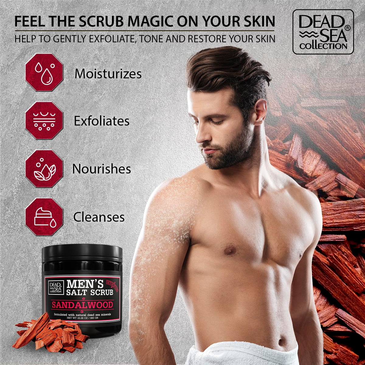 Salt Body Scrub Sandalwood For Men – Moisturizes, Exfoliates & Nourishes Skin – Cleanses &