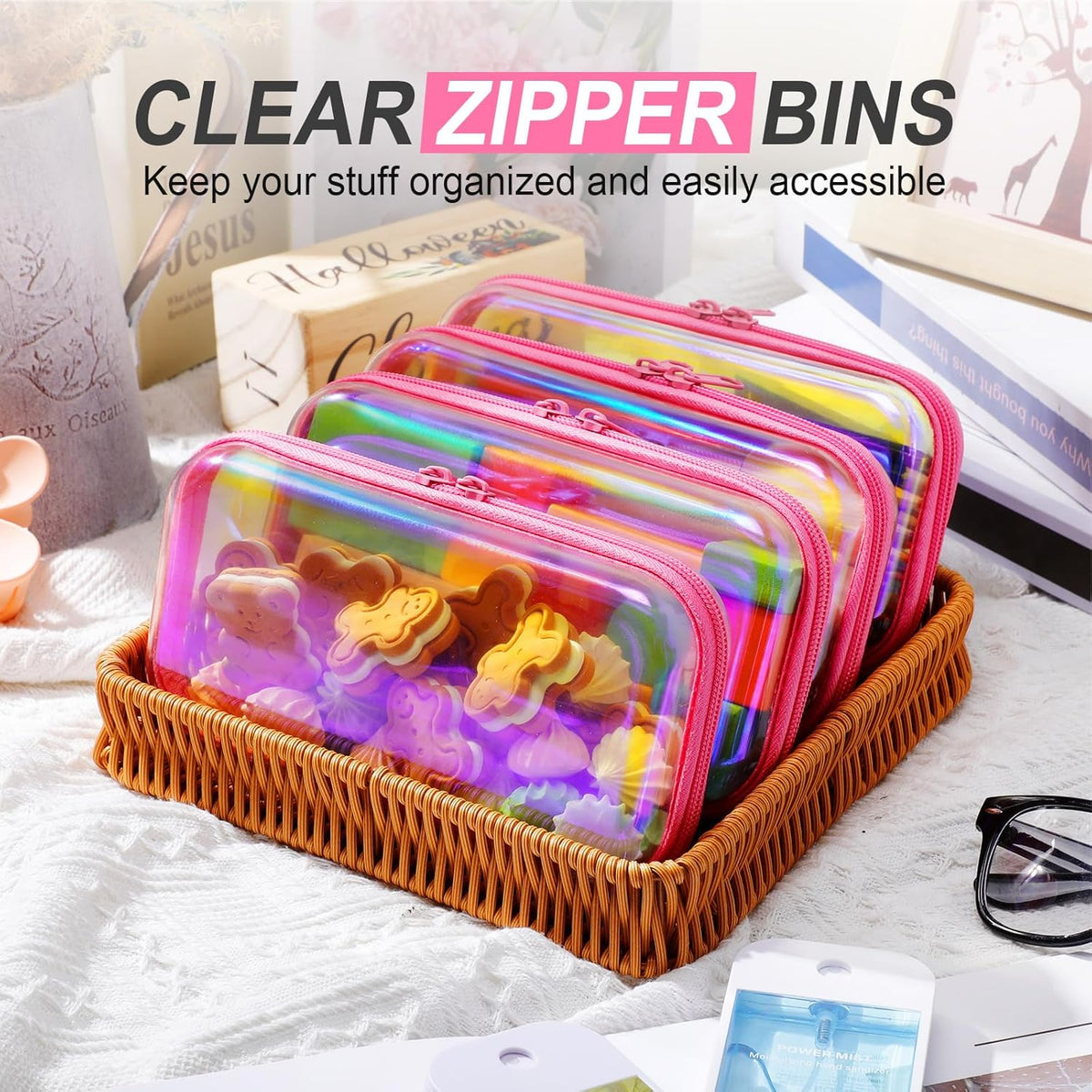 Hoolerry 4 Pcs Hard Clear Zipper Case Makeup Bags Plastic Pencil Pouch Transparent Storage Box