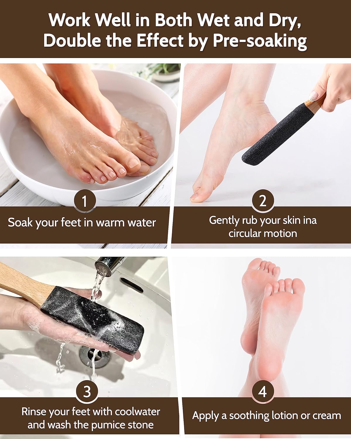 Pumice Stone Foot File, 4pcs Set Callus Remover for Feet with Wooden Handle, Pedicure Foot Scrubber