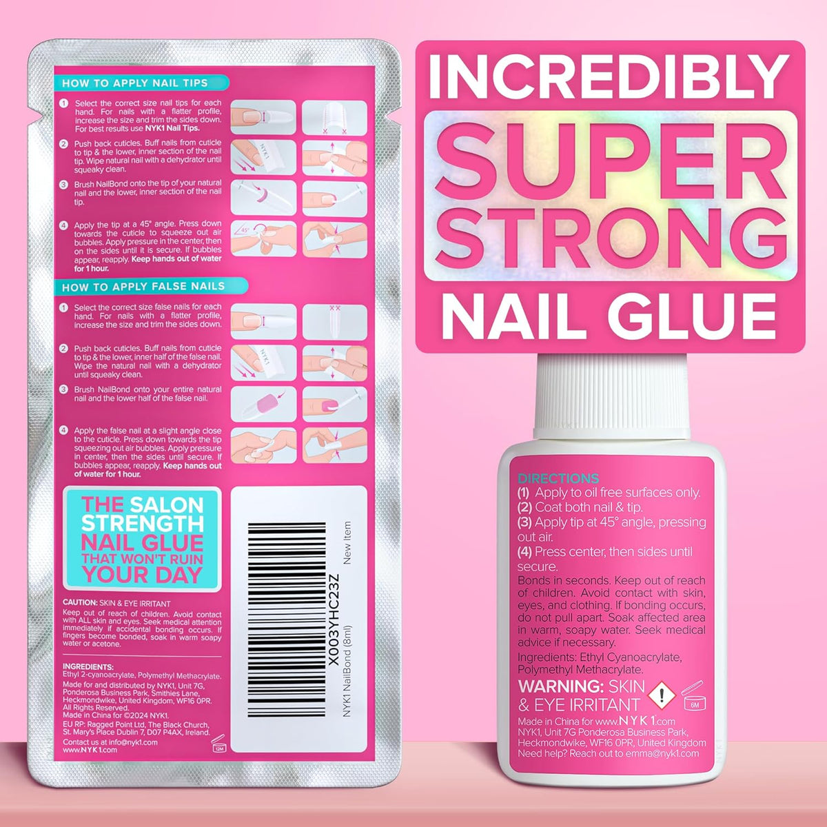 Super Strong Nail Glue for Press On Nails, Nail Tips & Acrylic Fake Nails (8ml) NYK1 NailBond Brush