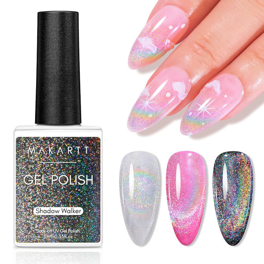 Makartt Rainbow Cat Eye Gel Nail Polish: Glitter Universal 9D Holographic Sparkly Soak Off Gel