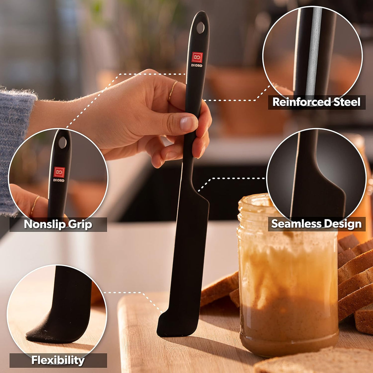 DI ORO Silicone Jar Spatulas for Scraping - Rubber Spatulas Silicone Heat Resistant - Kitchen
