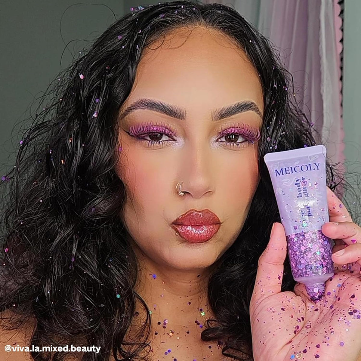 MEICOLY Purple Face Body Glitter,Mermaid Sequins Hair Glitter Makeup,Sparkly Face Glitter for Women