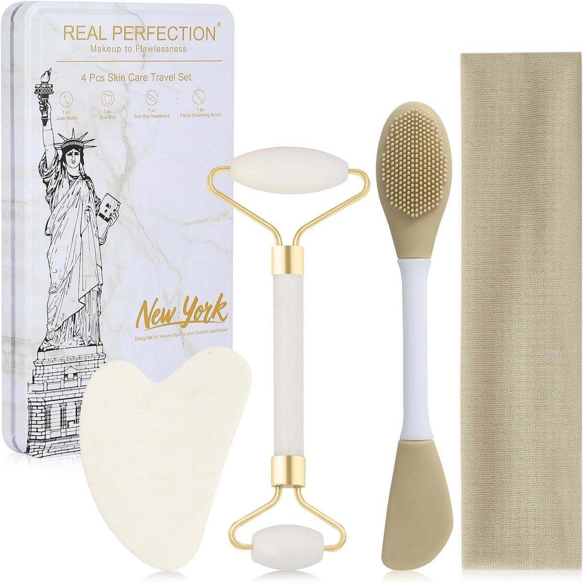 Real Perfection Gua Sha Facial Tools Face Roller for Wrinkles Jade Roller and Gua Sha Set, Scrubber