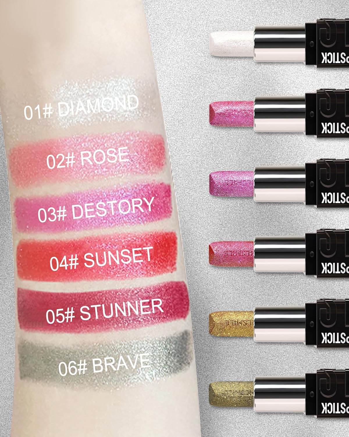 Diamond Glitter Matte Lipstick, Long Lasting Waterproof Gold Pink Metallic Sparkling High Pigment