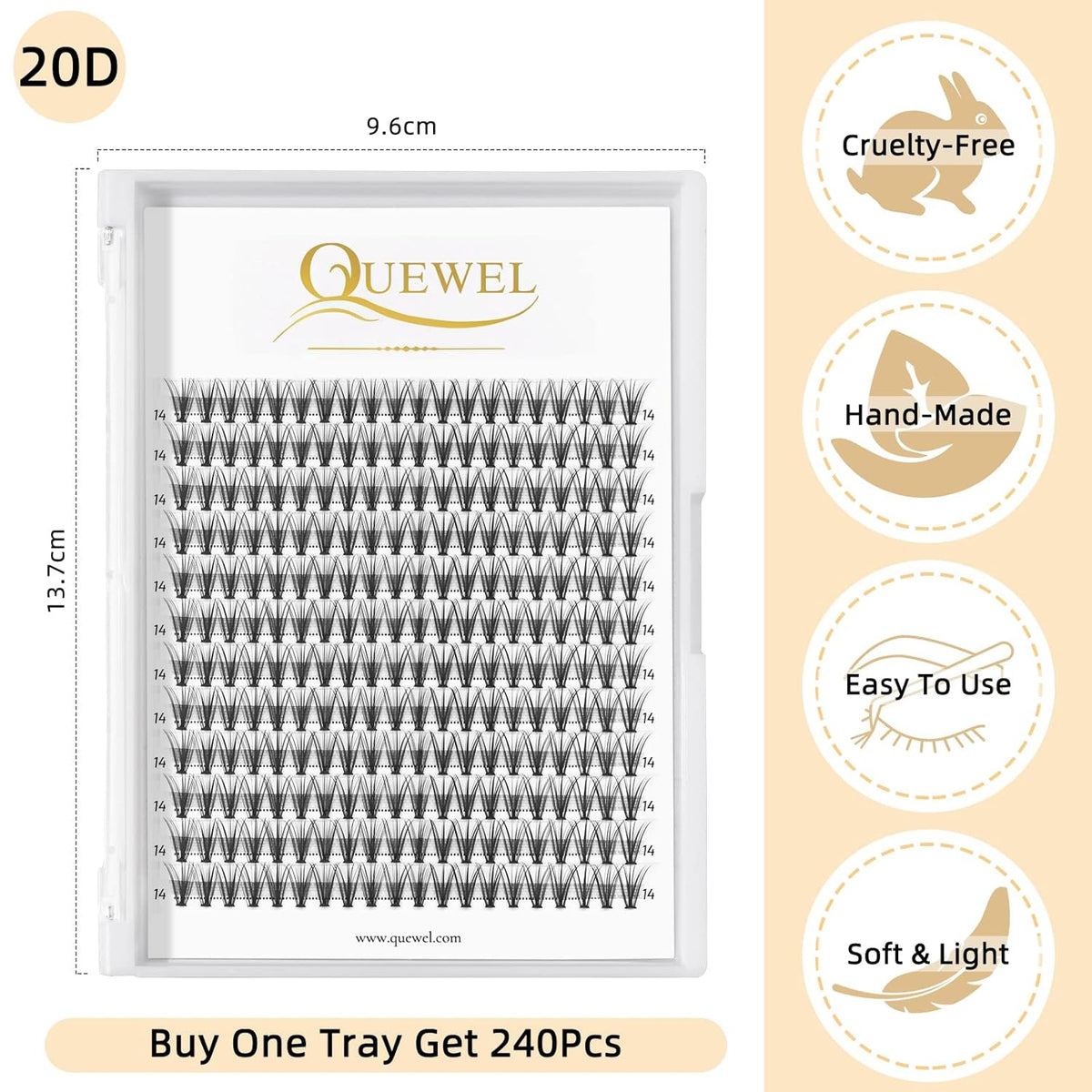 QUEWEL Cluster Lashes 240Pcs Individual Lashes 20D 0.07D Curl 14mm Knot-Free Lash Extensions