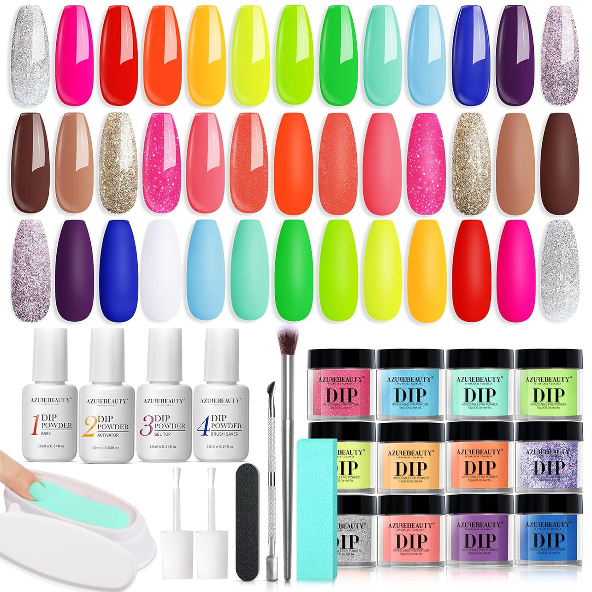 AZUREBEAUTY 31 Pcs Dip Powder Nail Kit Starter, 20 Colors Neon Glitter Purple Blue Yellow Dipping